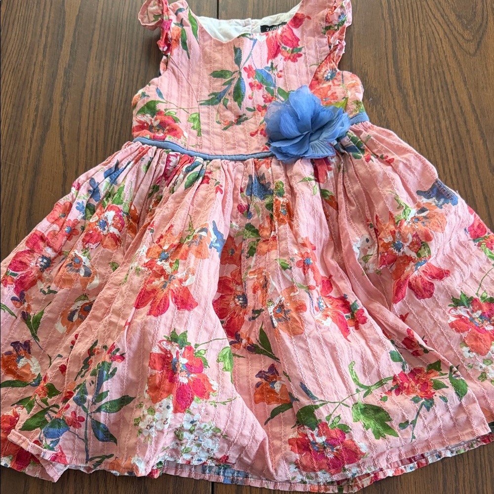 Zuni’s Girls' Pink Floral Sleeveless Dress with Blue Flower Accent 6